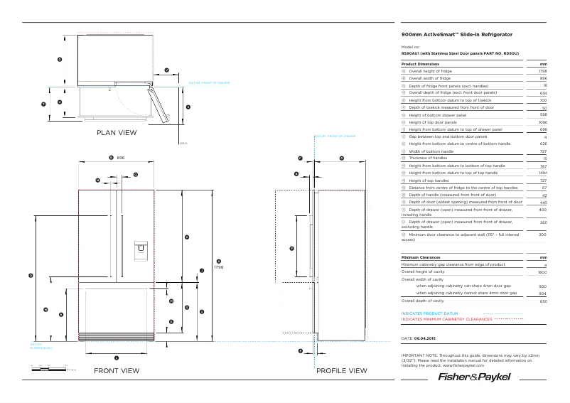 Page 1 de la notice Fiche technique Fisher & Paykel RS90AU3