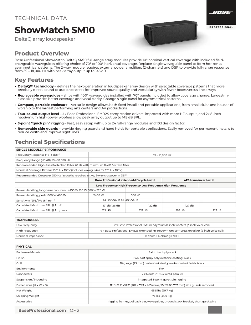 Page 1 de la notice Fiche technique Bose ShowMatch SM10
