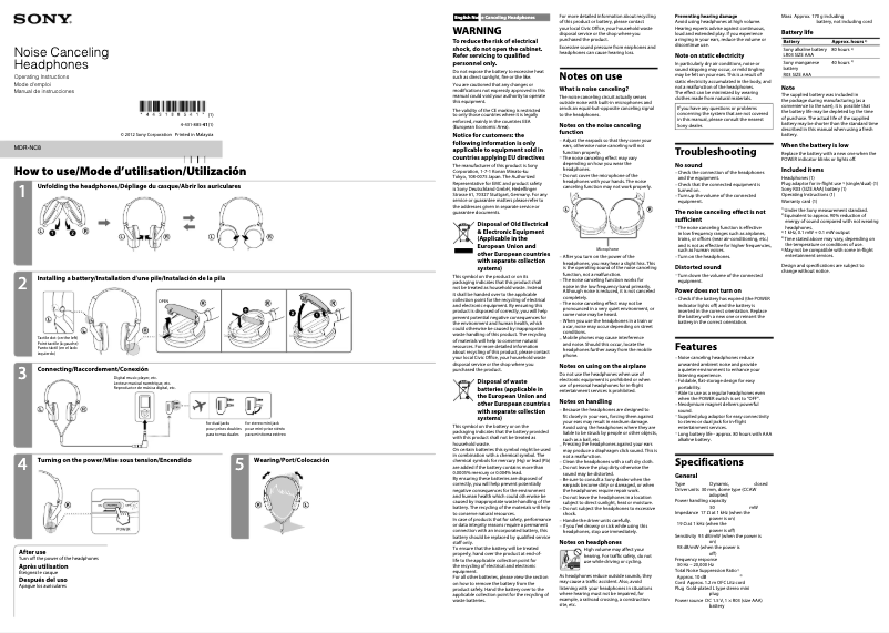 Page 1 de la notice Manuel utilisateur Sony MDR-NC8