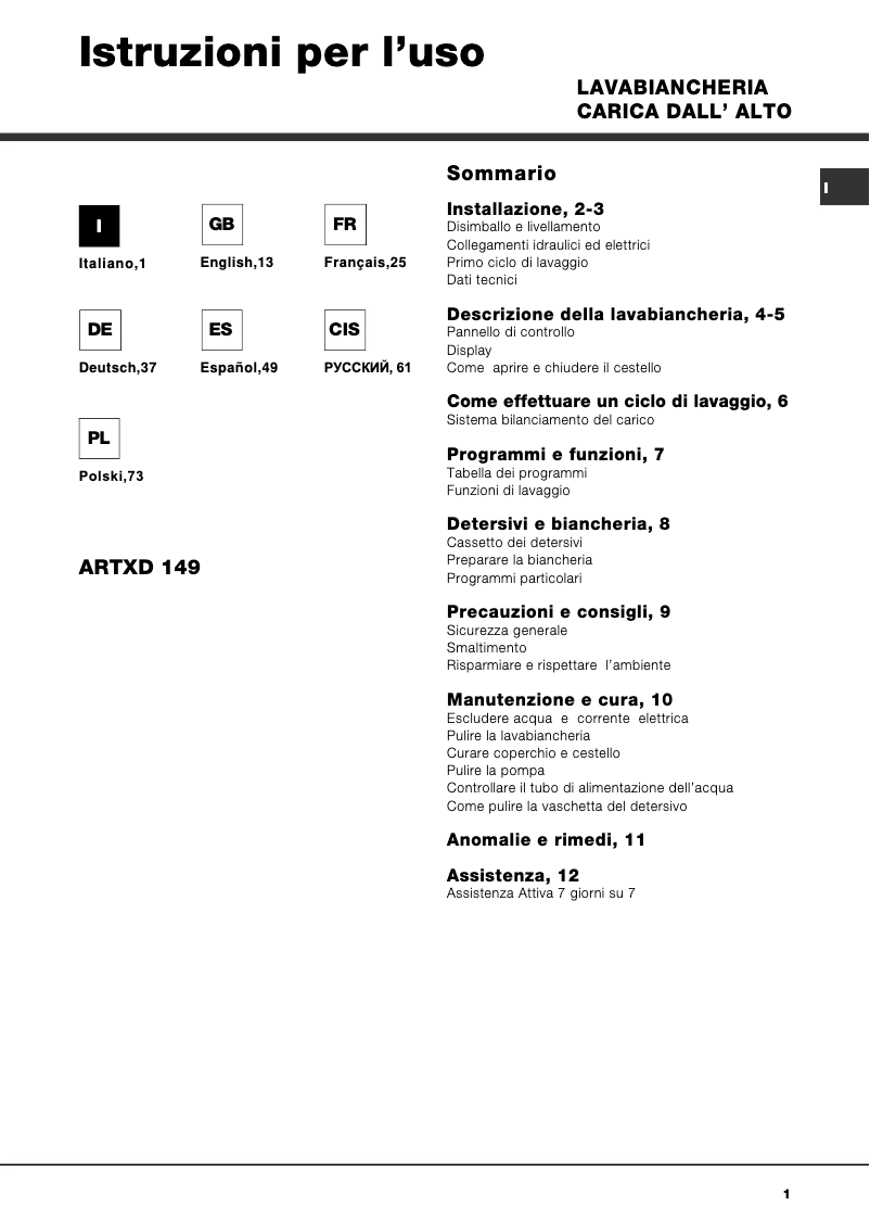 Page n°1 - Manuel utilisateur Hotpoint Ariston ARTXD 149 EU