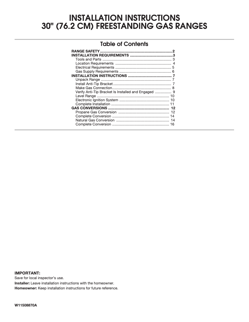 Page 1 de la notice Guide d'installation Whirlpool WFG320M0BW