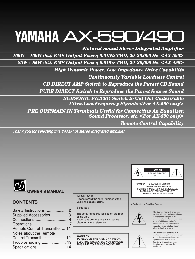Page n°1 - Manuel utilisateur Yamaha AX-490