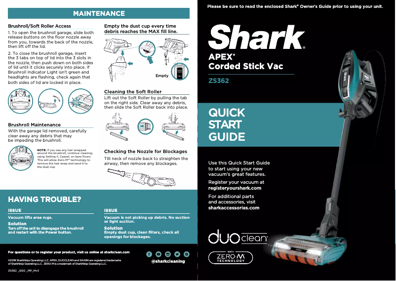 Page 1 de la notice Fiche technique Shark APEX DuoClean ZS362