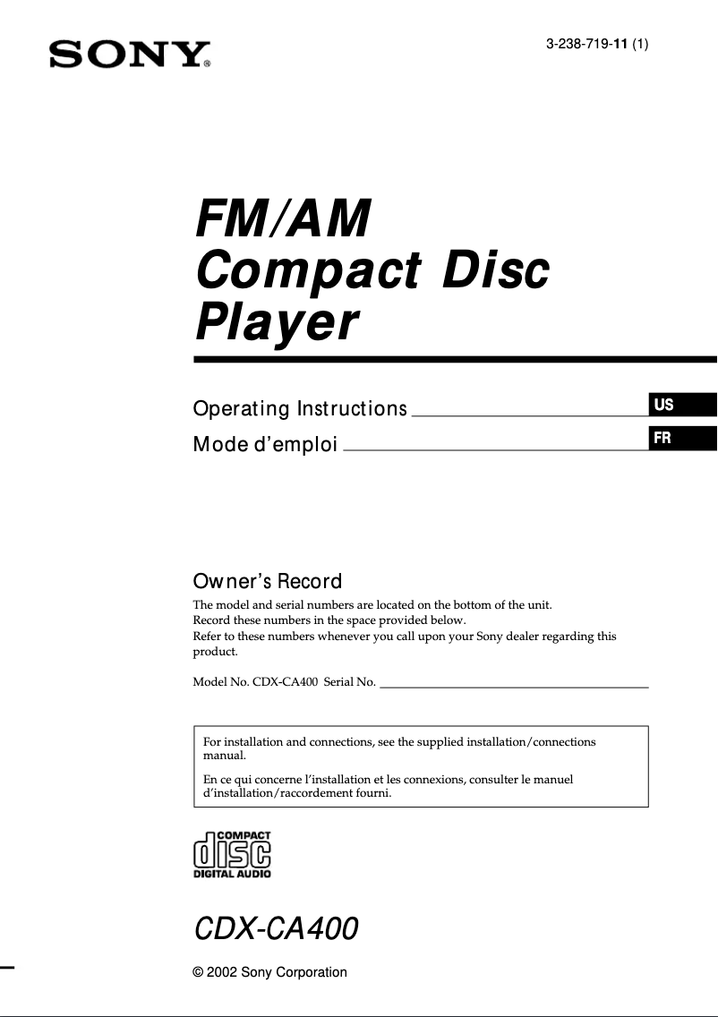 Page 1 de la notice Manuel utilisateur Sony CDX-CA400