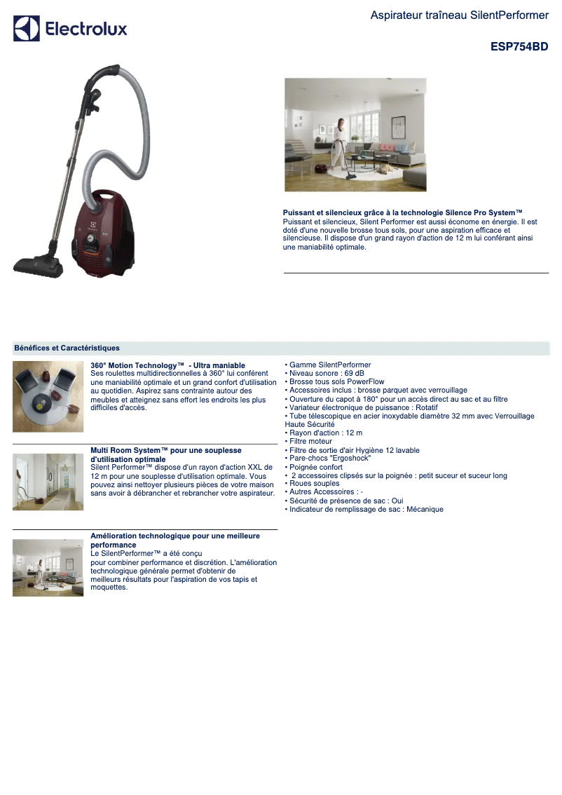Page 1 de la notice Manuel utilisateur Electrolux SilentPerformer ESP754BD