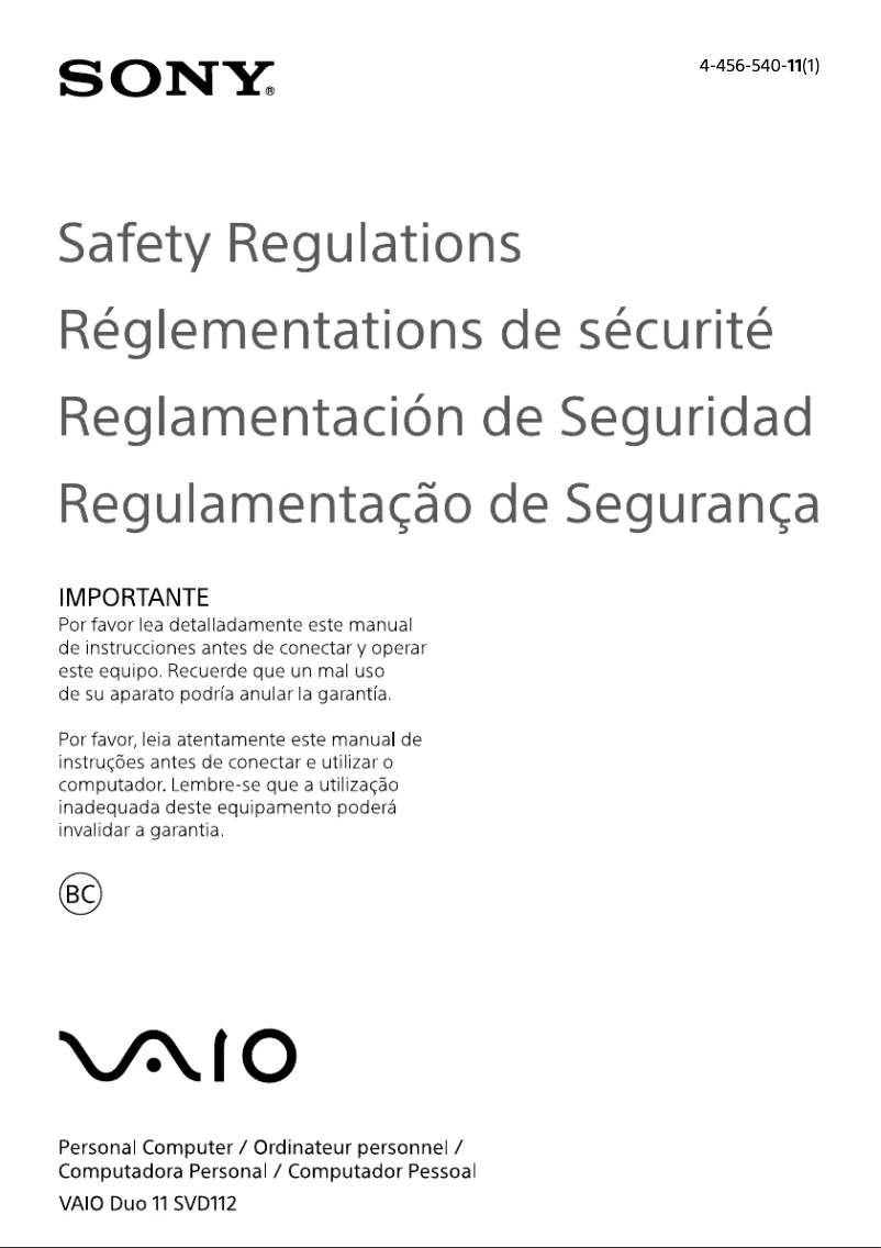 Page 1 de la notice Instructions de sécurité Sony Vaio Duo 11 SVD11225CYB