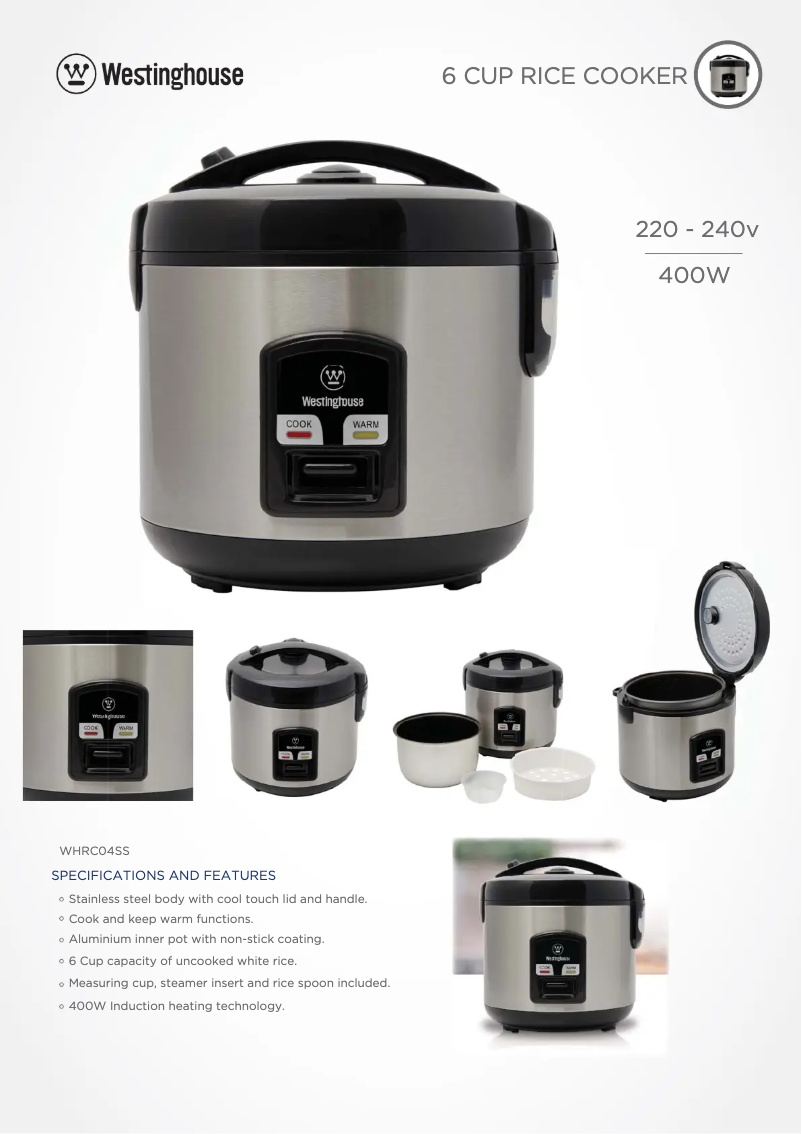Page 1 de la notice Fiche technique Westinghouse WHRC04SS