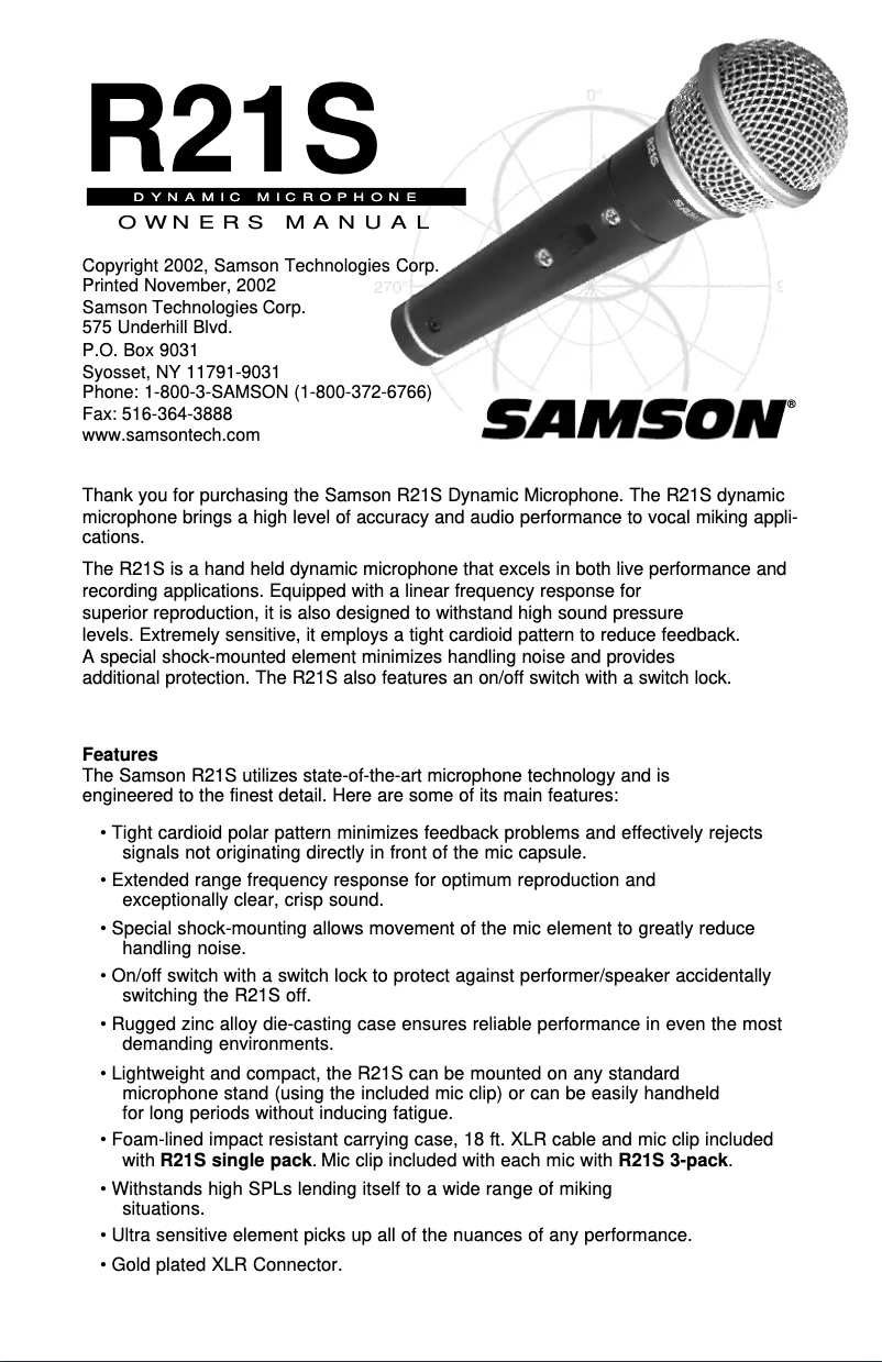 Page n°1 - Manuel utilisateur Samson R21S