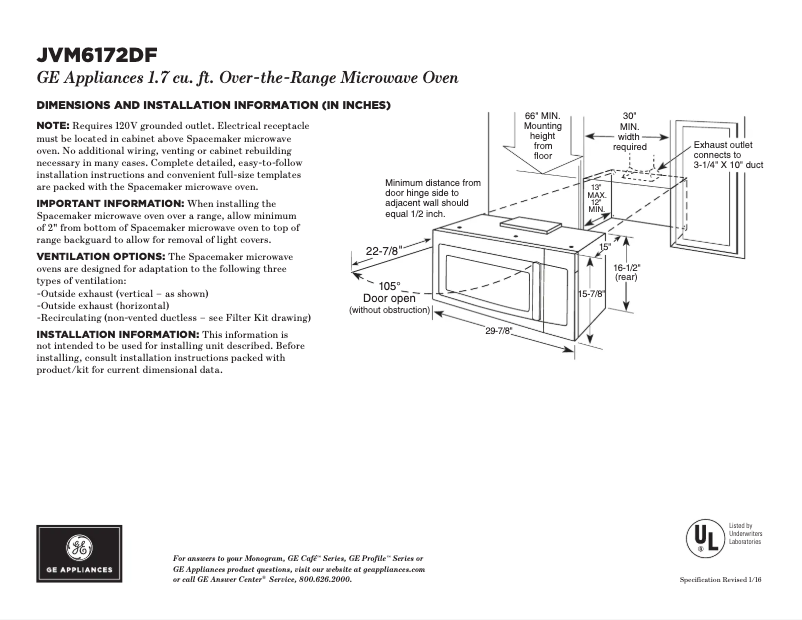 Page 1 of the manual Technical Sheet GE JVM6172DFWW
