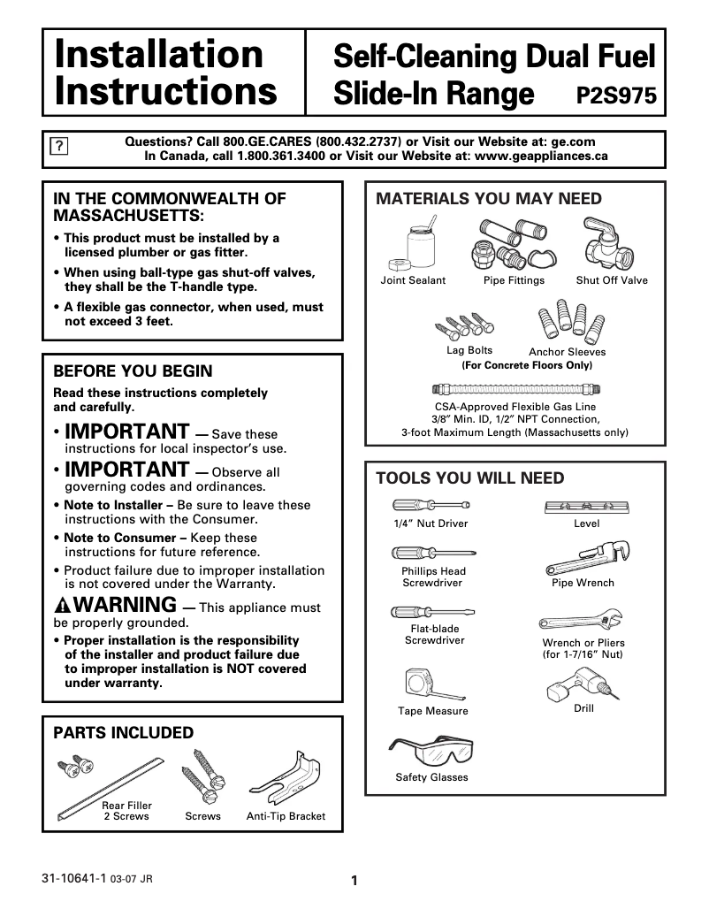 Page n°1 - Guide d'installation GE Profile P2S975WEMWW