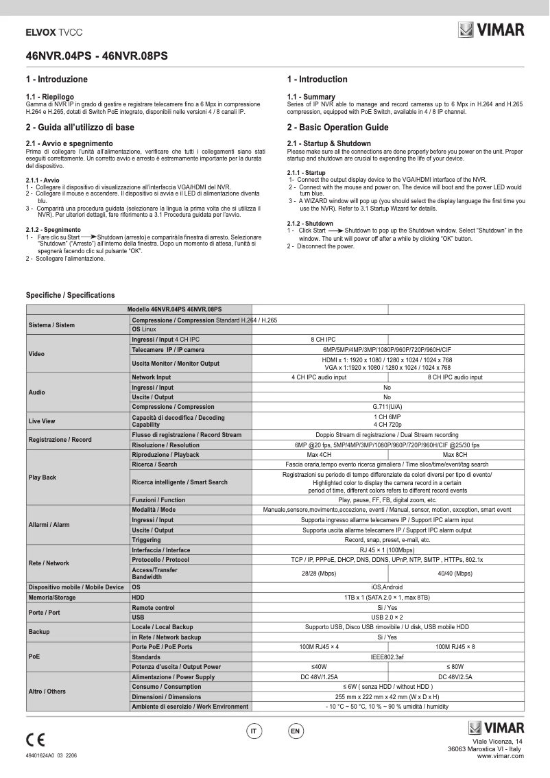 Page 1 de la notice Instructions / montage Vimar ELVOX 46NVR.08PS