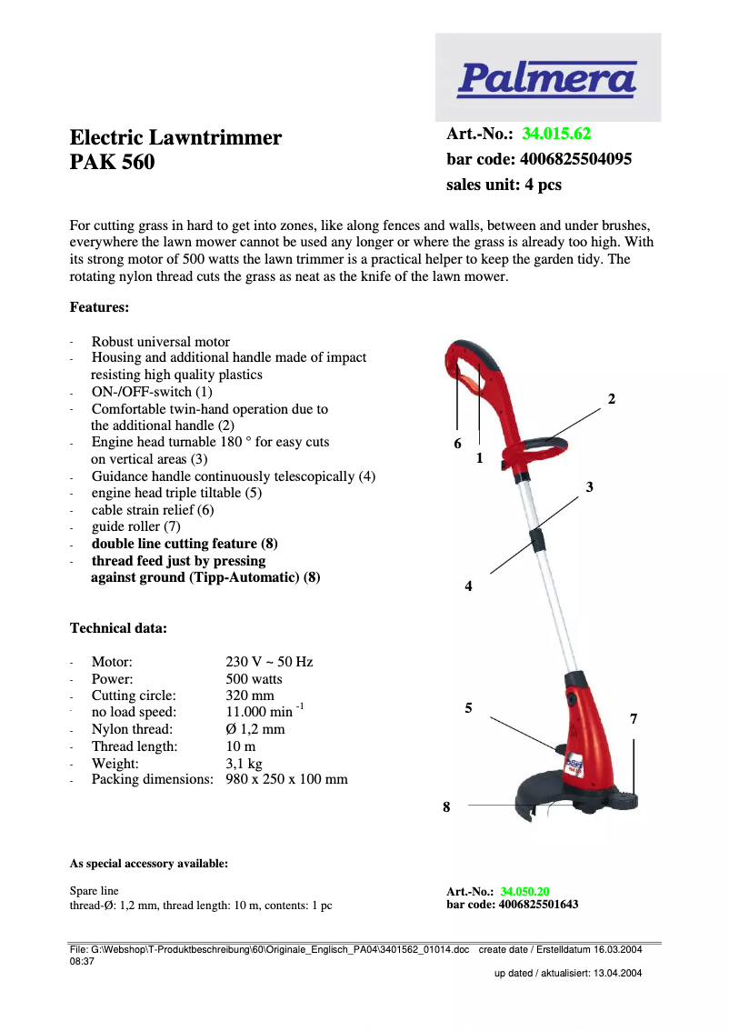 Page 1 de la notice Fiche technique Palmera PAK 560