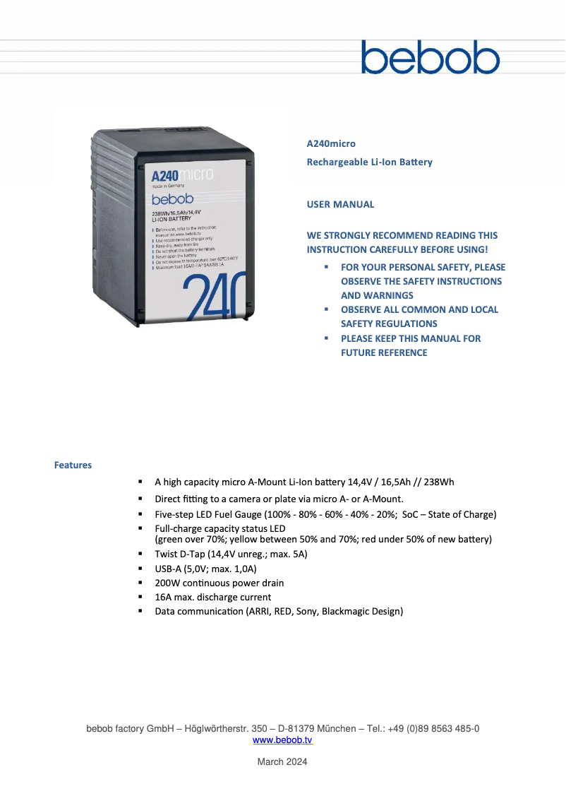 Page n°1 - Manuel utilisateur Bebob A240MICRO