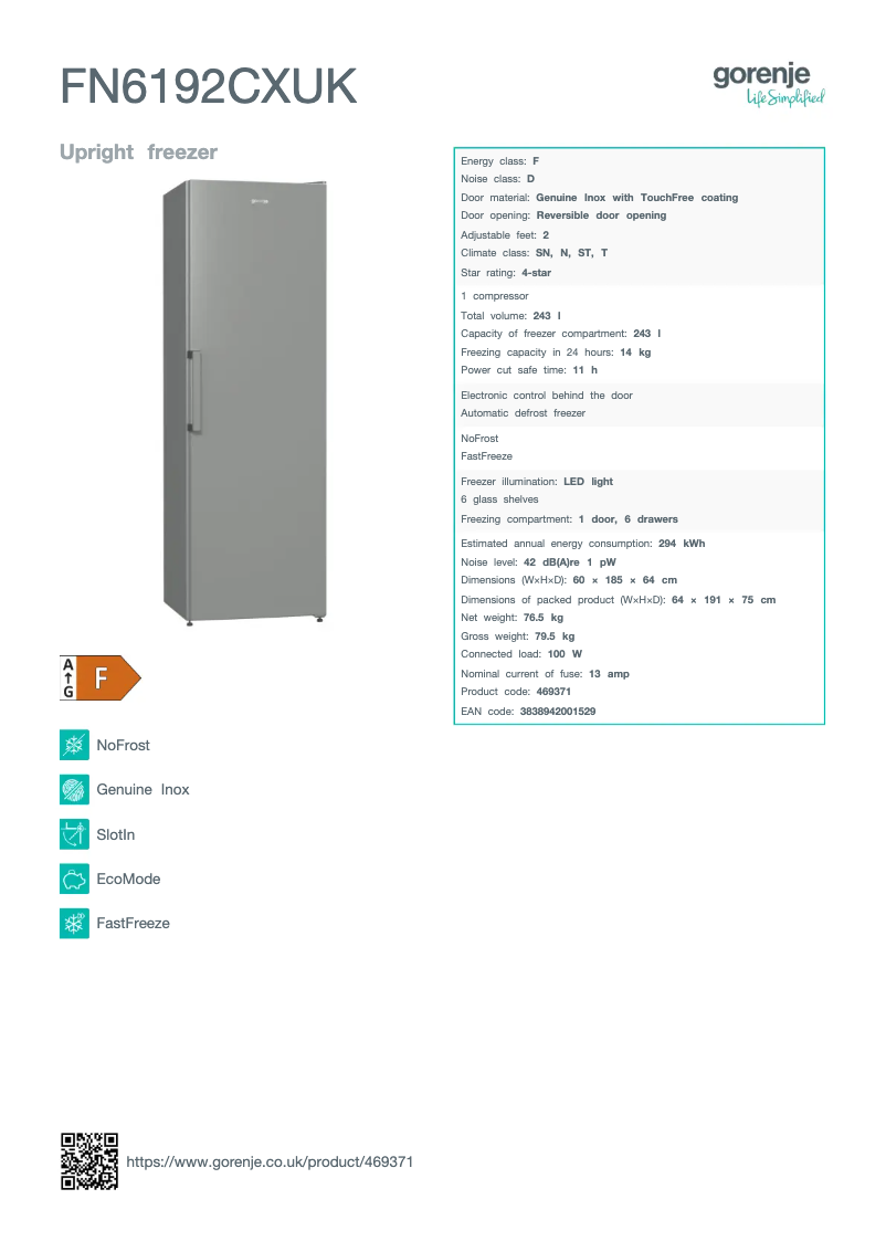 Page n°1 - Fiche technique Gorenje FN6192CXUK