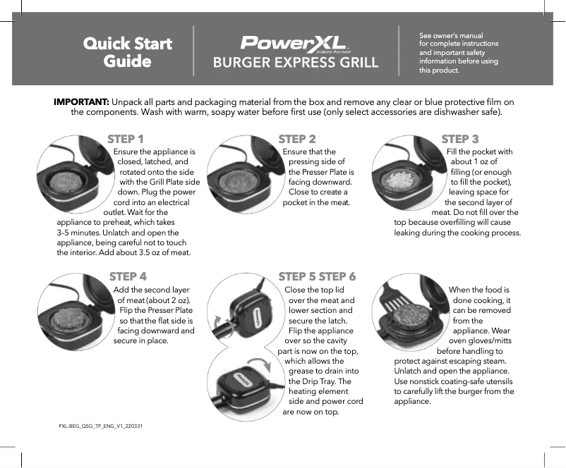 Page 1 de la notice Guide de démarrage rapide PowerXL Burger Express Grill HRG 1105