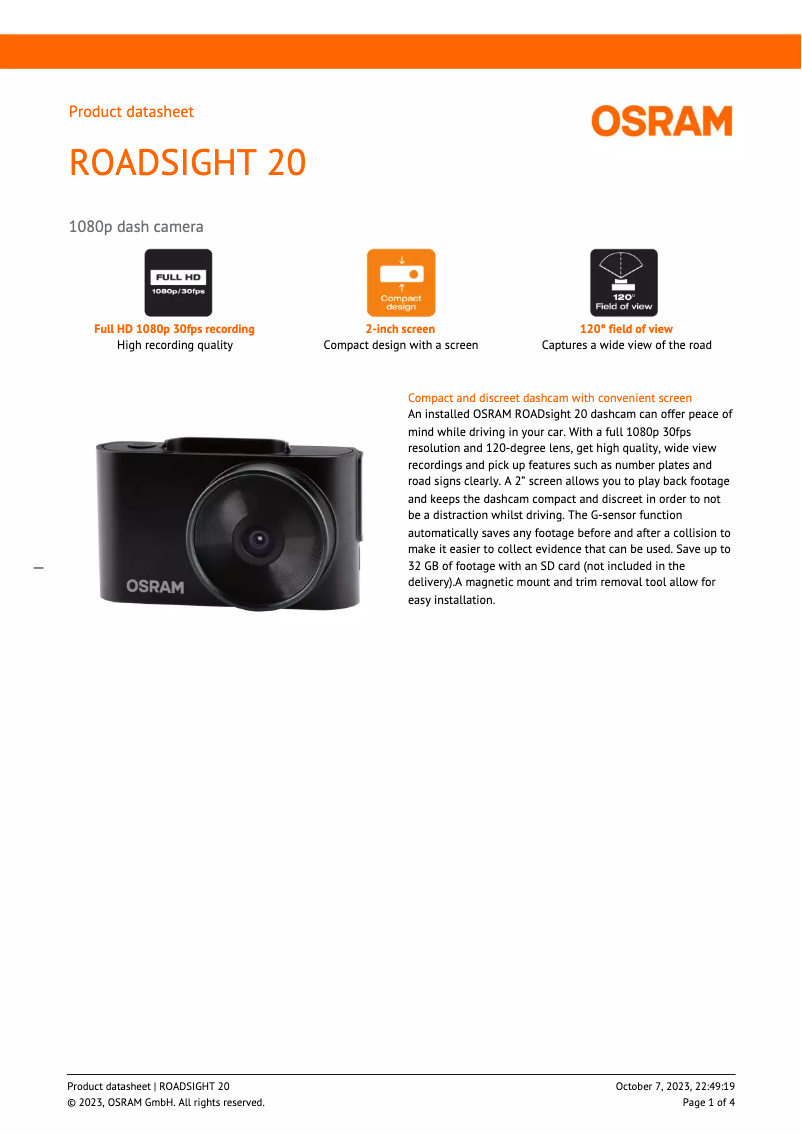 Page 1 de la notice Fiche technique Osram ROADsight 20