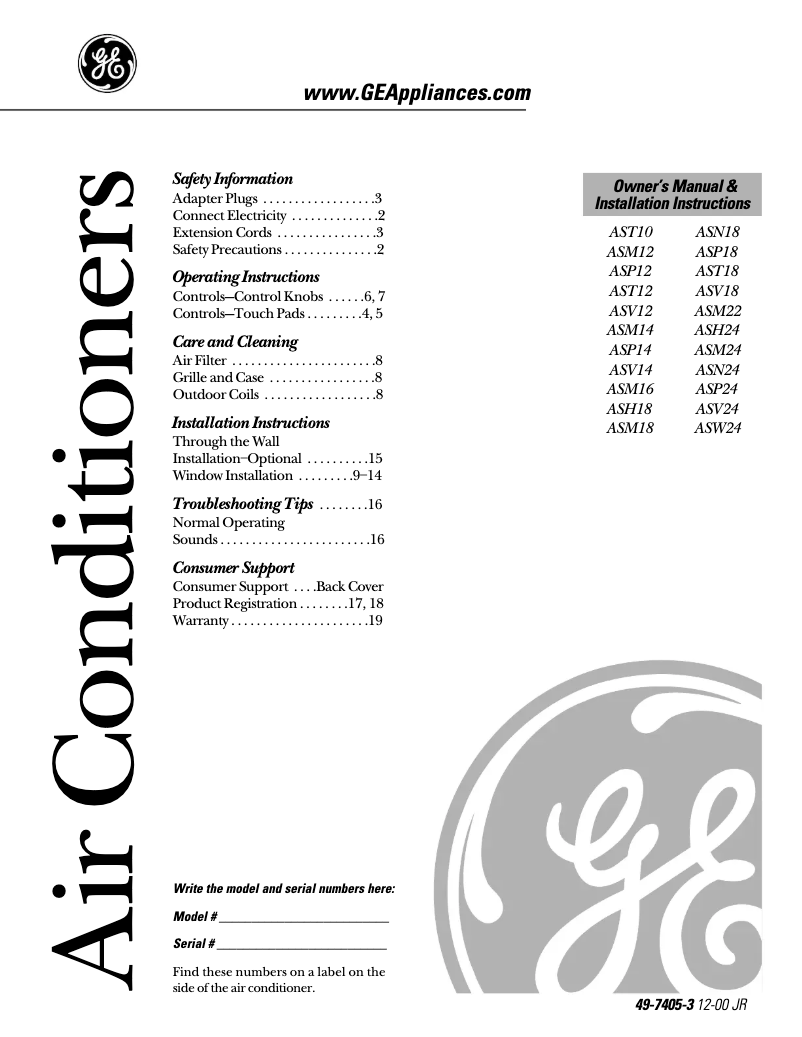 Page 1 de la notice Manuel d'utilisation et d'entretien GE ASH18DE