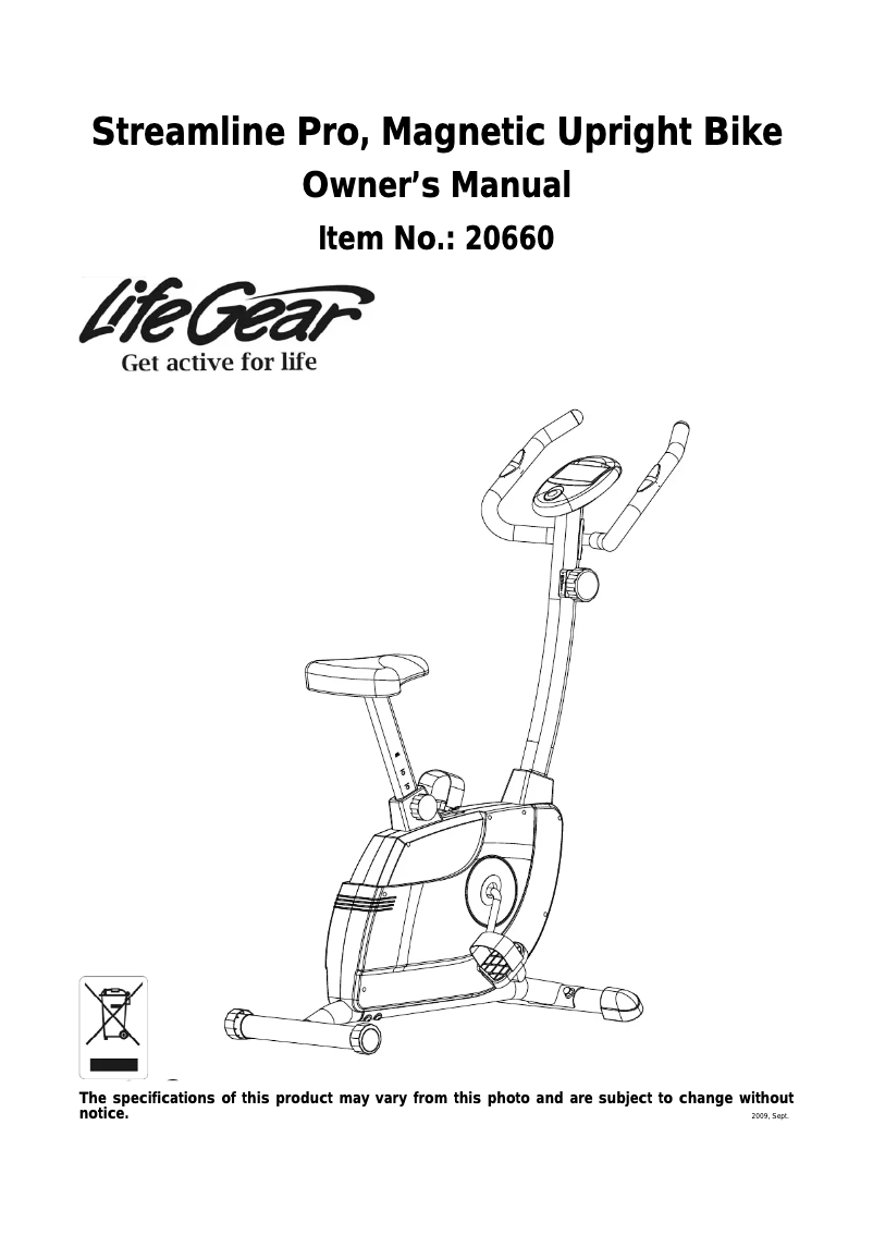 Page n°1 - Manuel utilisateur Life Gear Streamline Pro Magnetic Upright Bike 20660