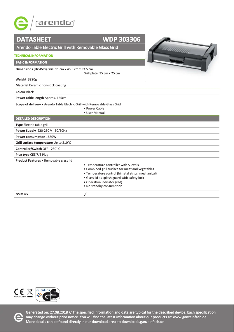 Page 1 de la notice Fiche technique Arendo 303306