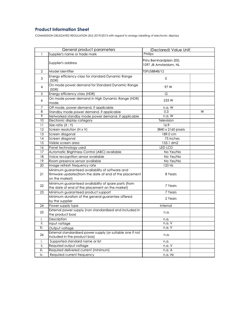 Page 1 of the manual Technical Sheet Philips 75PUS8848