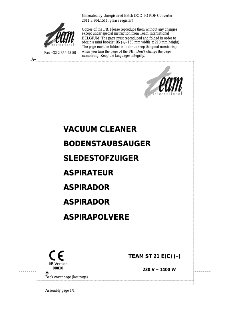 Page 1 de la notice Manuel utilisateur Team ST 21 EC