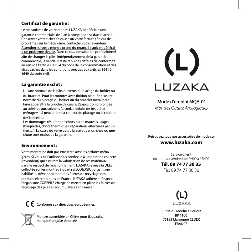 Page 1 de la notice Manuel utilisateur Luzaka LONDON