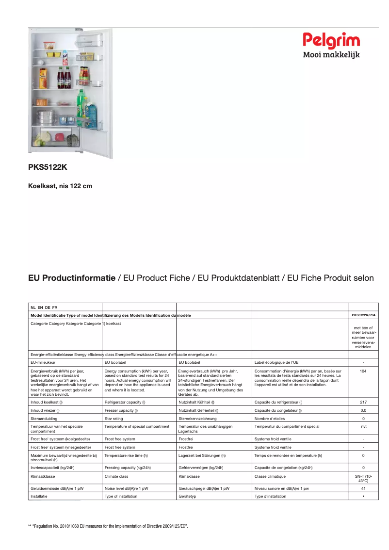 Page 1 de la notice Fiche technique Pelgrim PKS5122K
