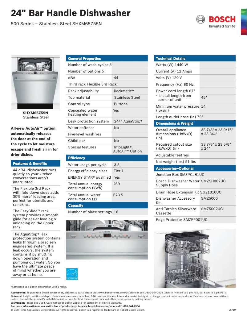 Page n°1 - Fiche technique Bosch SHXM65Z55N