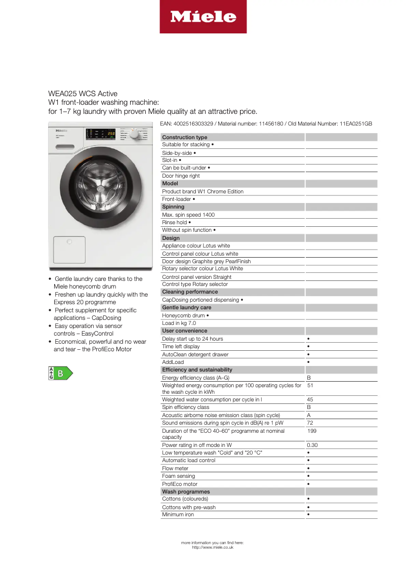 Page 1 de la notice Fiche technique Miele WEA 025 WCS Active