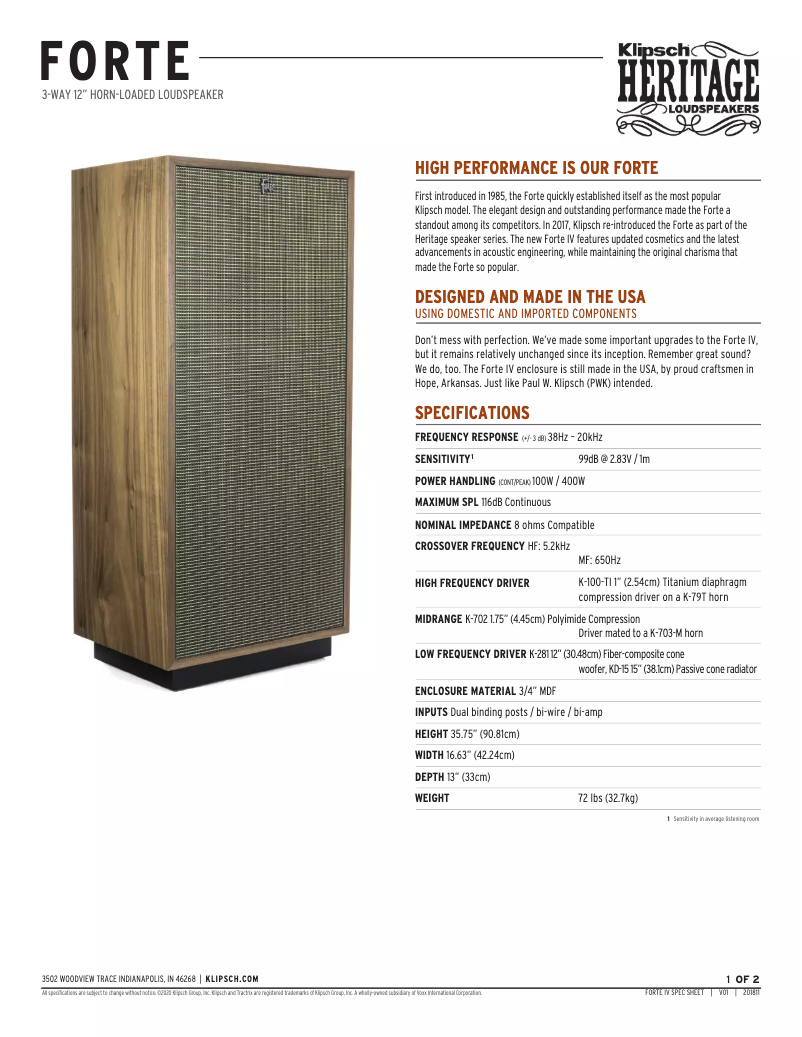 Page 1 de la notice Fiche technique Klipsch Heritage Forte IV