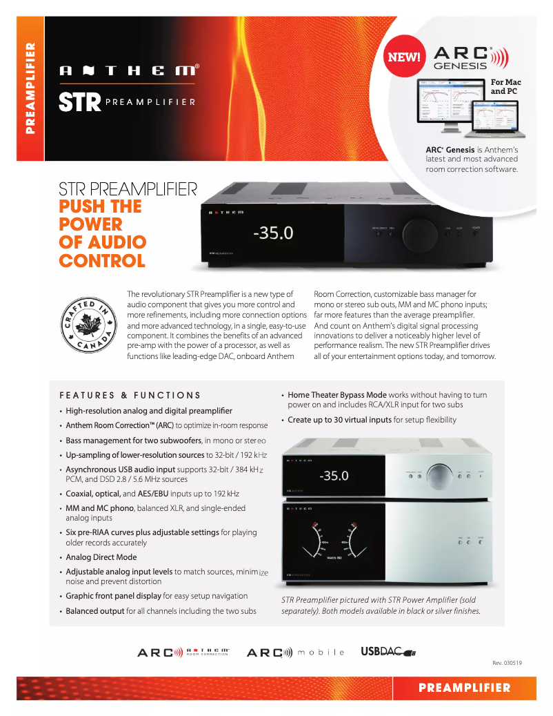 Page n°1 - Fiche technique Anthem STR Preamplifier