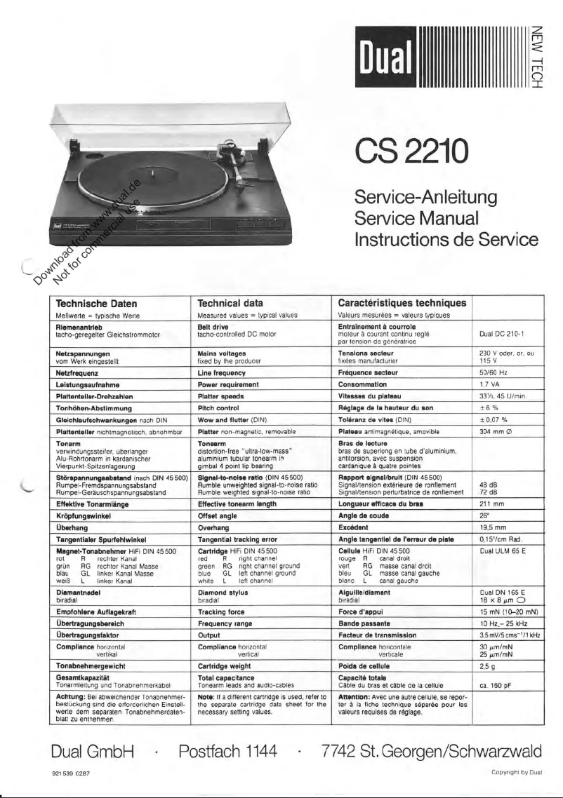 Page 1 of the manual User Manual Dual CS 2210