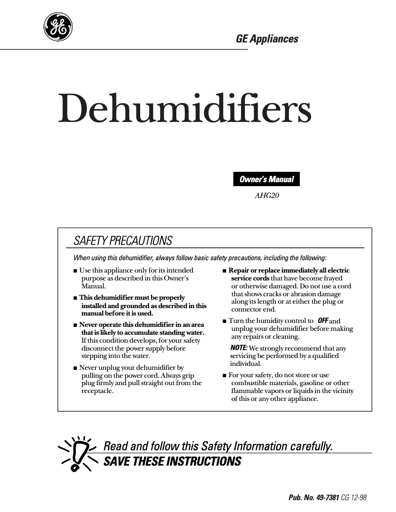 Image de la première page du manuel de l'appareil Profile AHG20LA