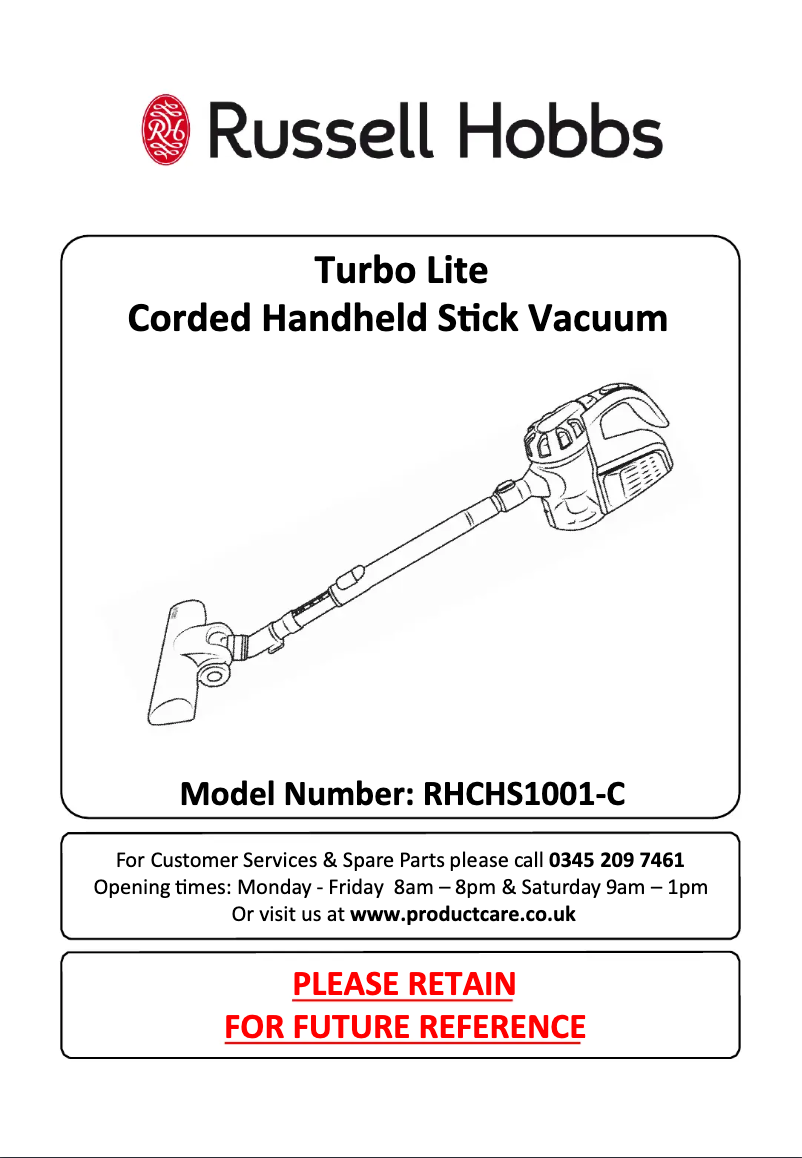 Page 1 de la notice Manuel utilisateur Russell Hobbs Turbo Lite RHCHS1001-C