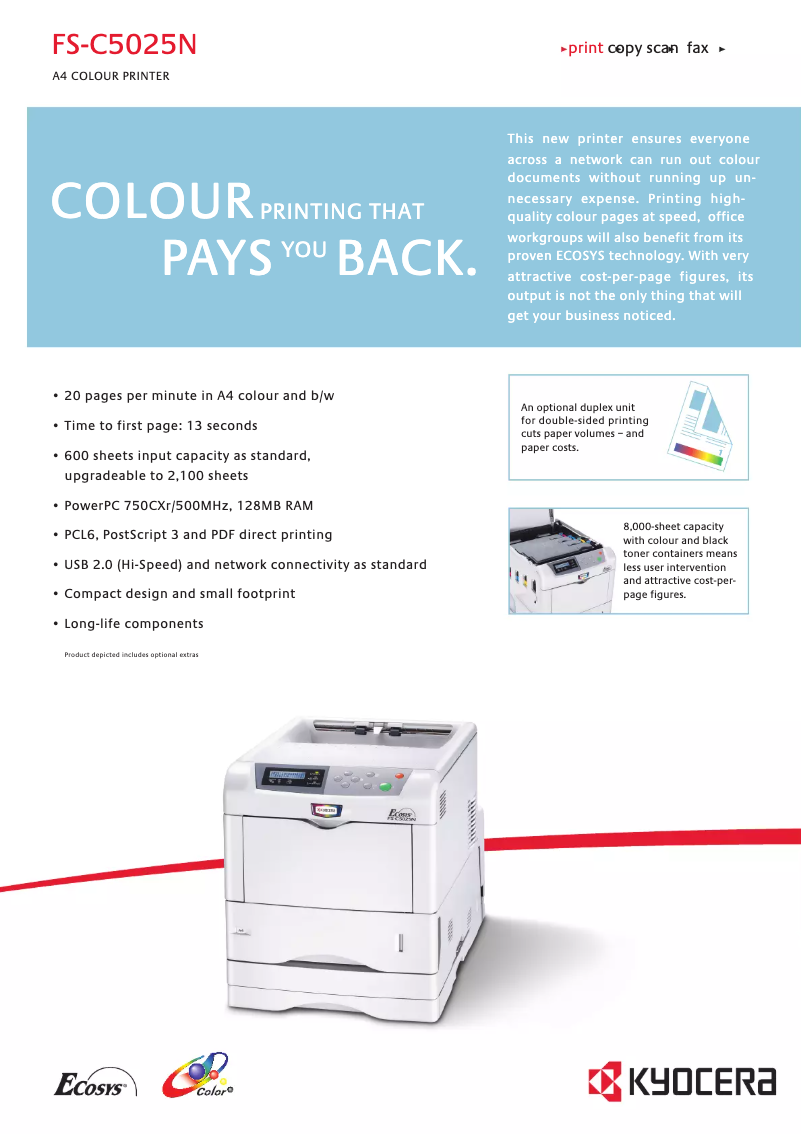 Page 1 de la notice Fiche technique Kyocera FS-C5025N