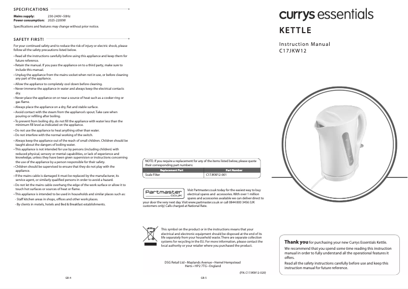 Page 1 de la notice Manuel utilisateur Currys Essentials C17JKW12