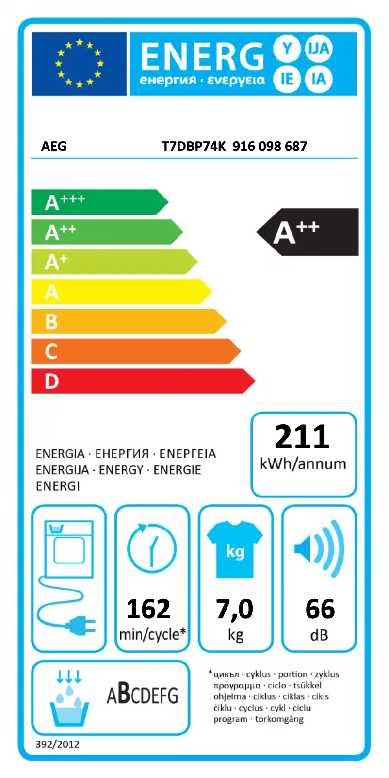 Page n°1 - Label énergétique AEG T7DBP74K