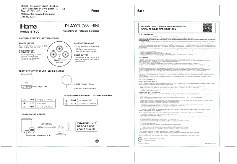 Image de la première page du manuel de l'appareil PlayGlow Mini IBT800
