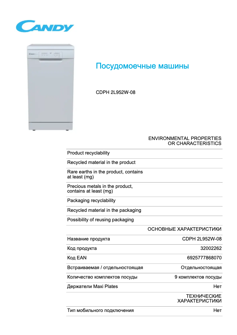 Page 1 de la notice Fiche technique Candy CDPH 2L952W