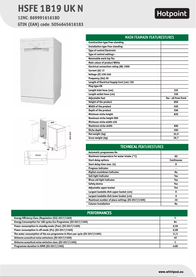 Page n°1 - Fiche technique Hotpoint HSFE 1B19 UK N