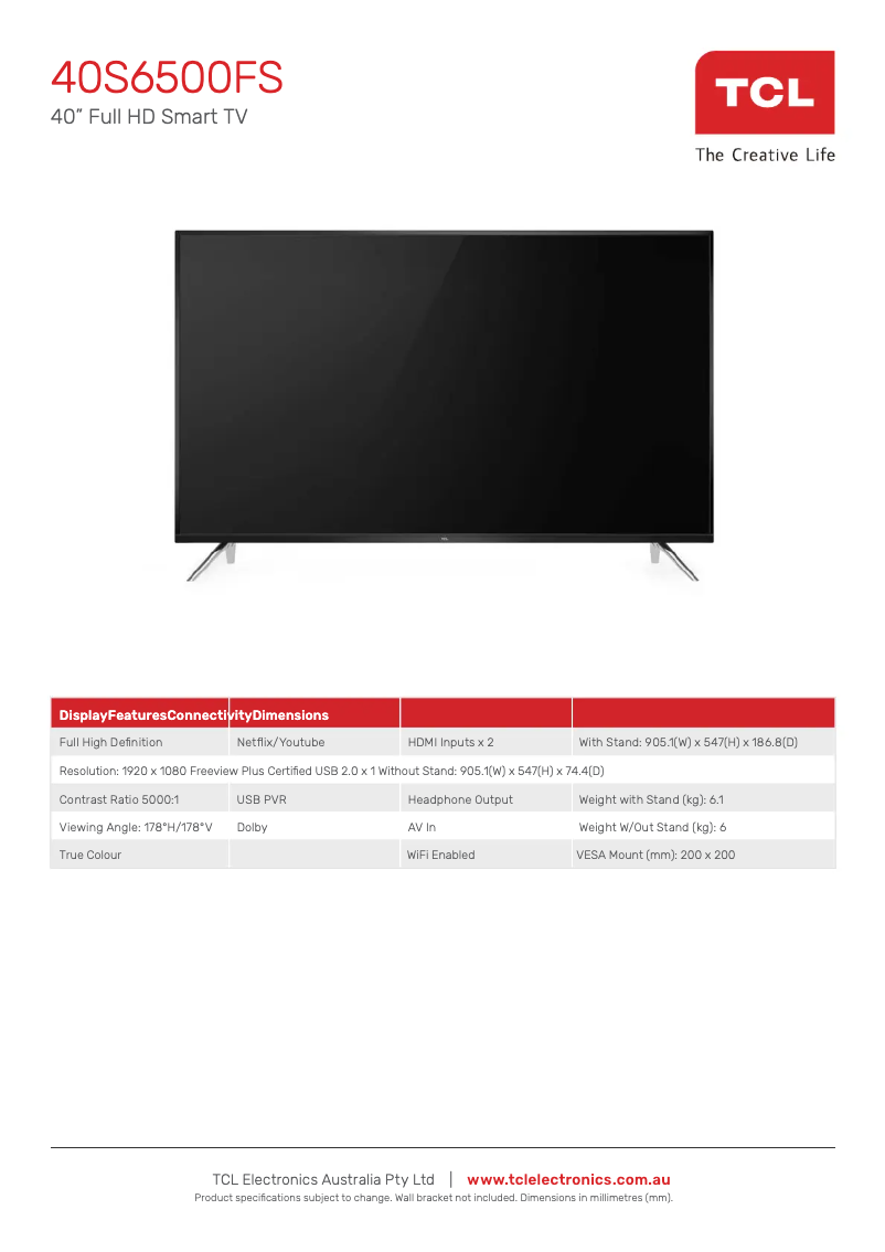Page 1 of the manual Technical Sheet TCL 40S6500FS