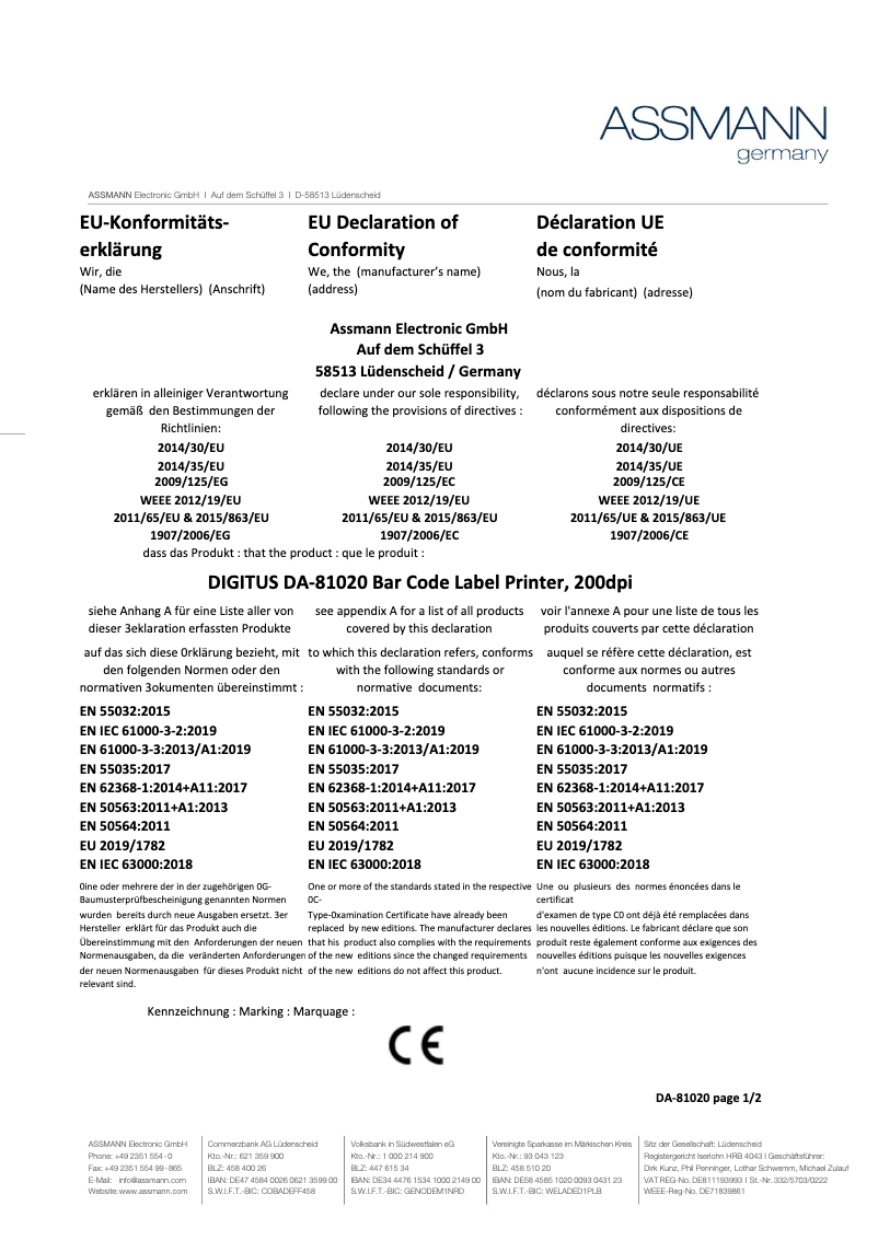 Page 1 de la notice Fiche technique Digitus DA-81020