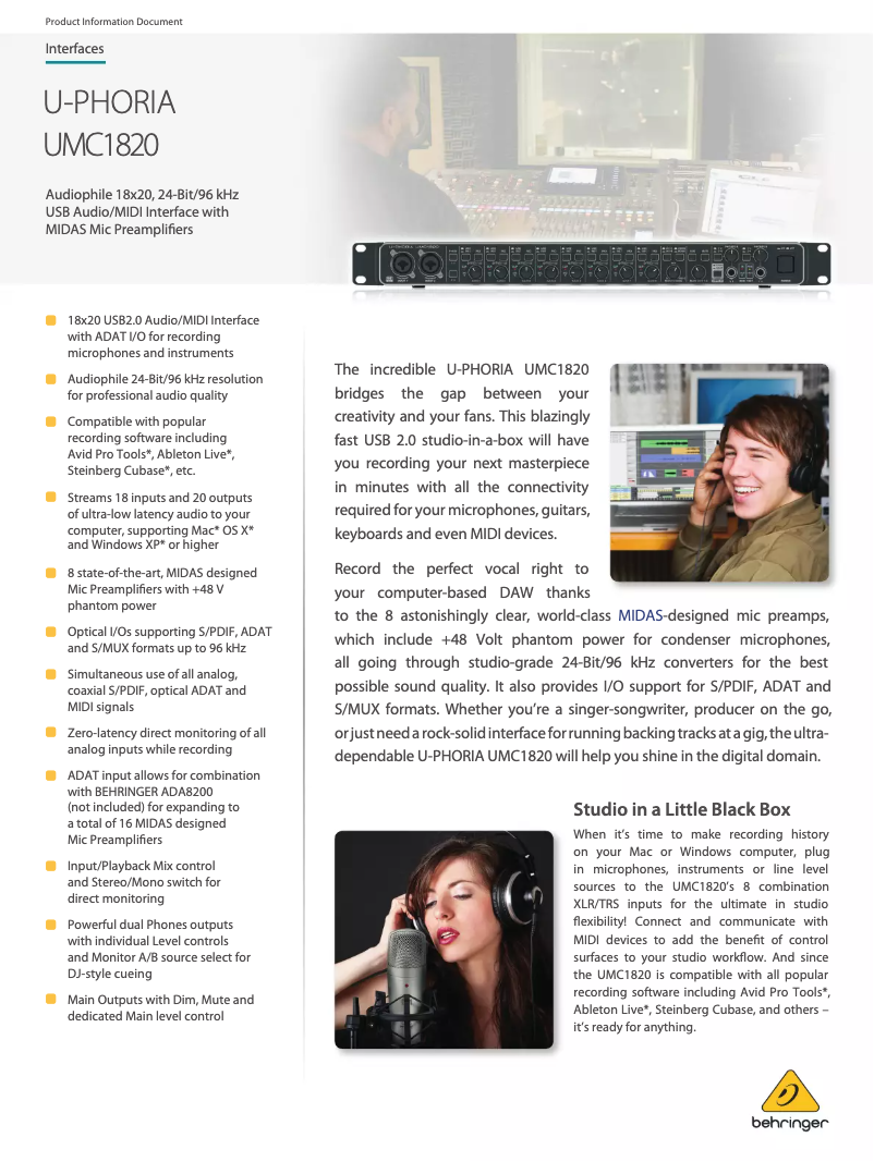 Image de la première page du manuel de l'appareil U-PHORIA UMC1820