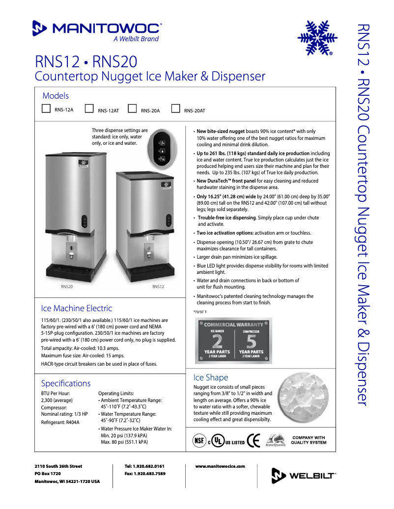 Page n°1 - Fiche technique Manitowoc RNS-20A
