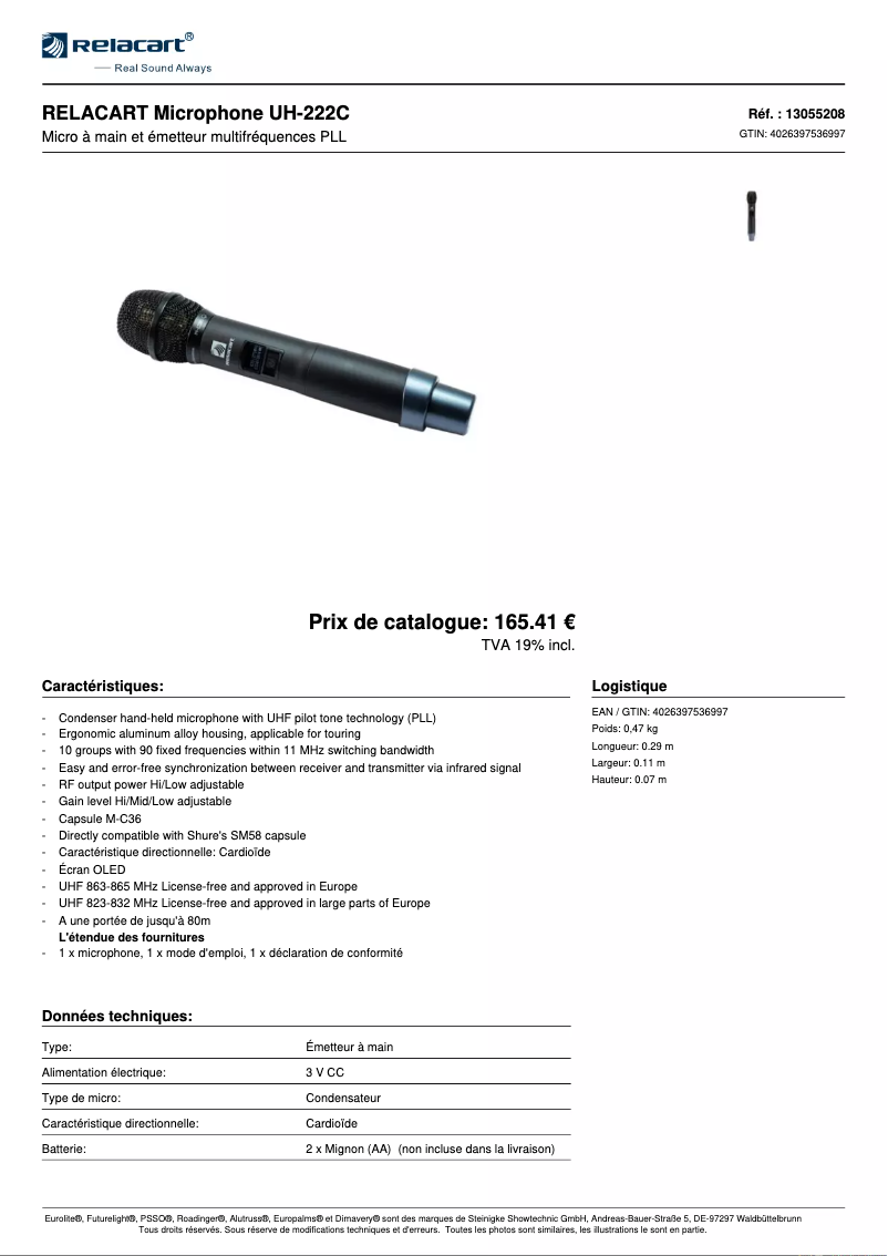 Page n°1 - Fiche technique Relacart UH-222C