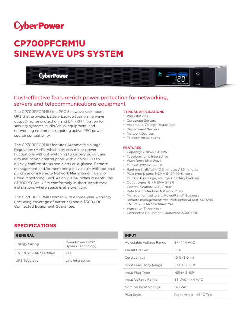 Page n°1 - Fiche technique CyberPower CP700PFCRM1U