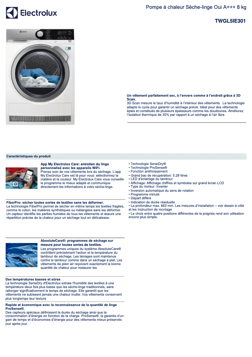Page 1 de la notice Fiche technique Electrolux TWGL5IE301