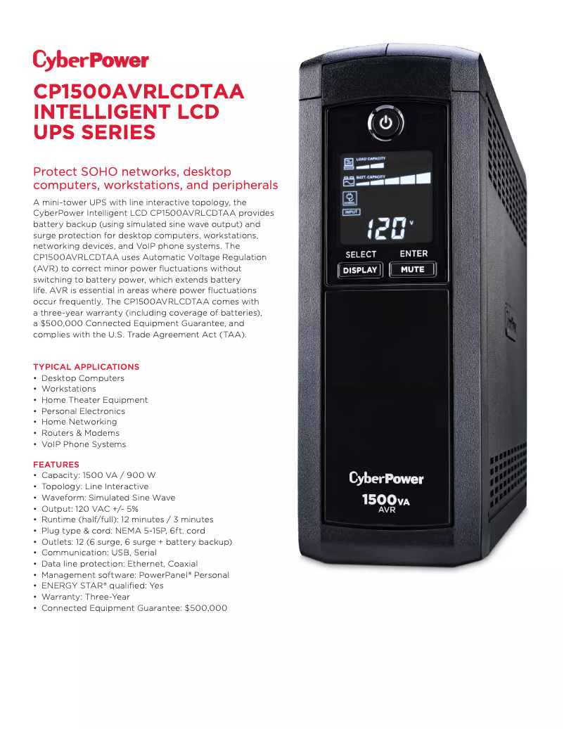 Page n°1 - Fiche technique CyberPower CP1500AVRLCDTAA