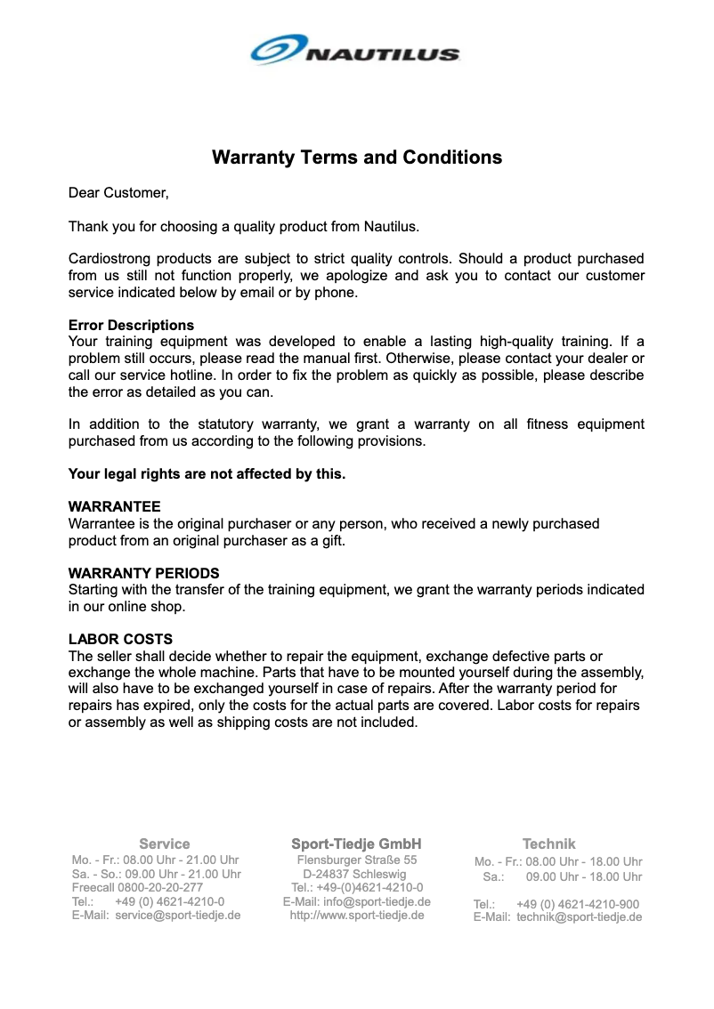 Page 1 of the manual Warranty Information Nautilus R628