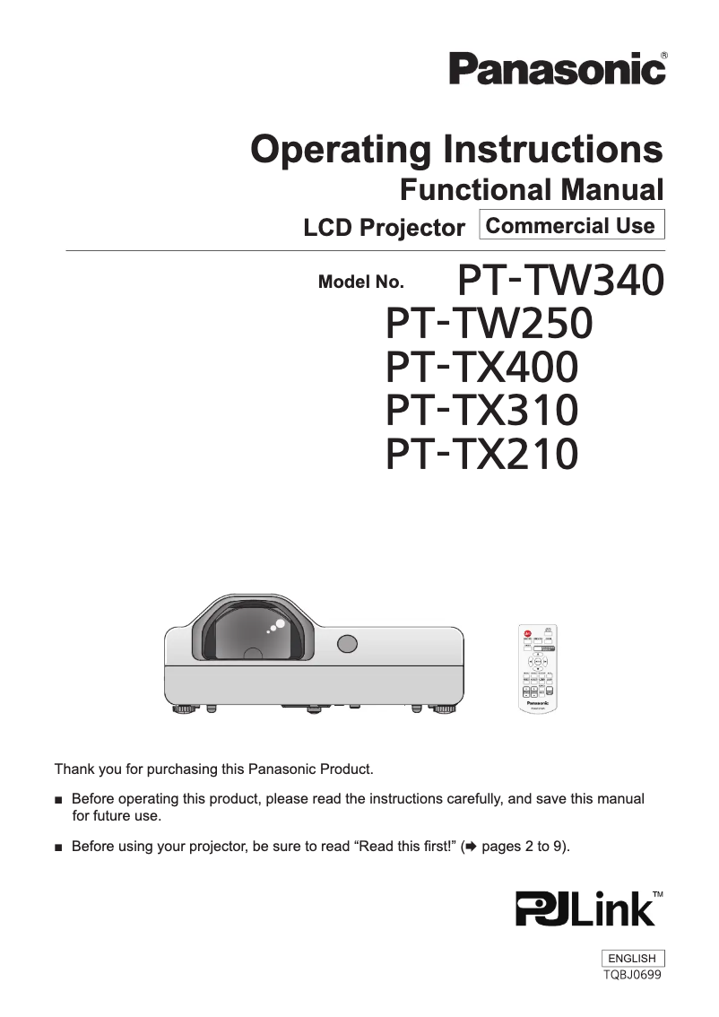 Page n°1 - Manuel utilisateur Panasonic PT-TW340E